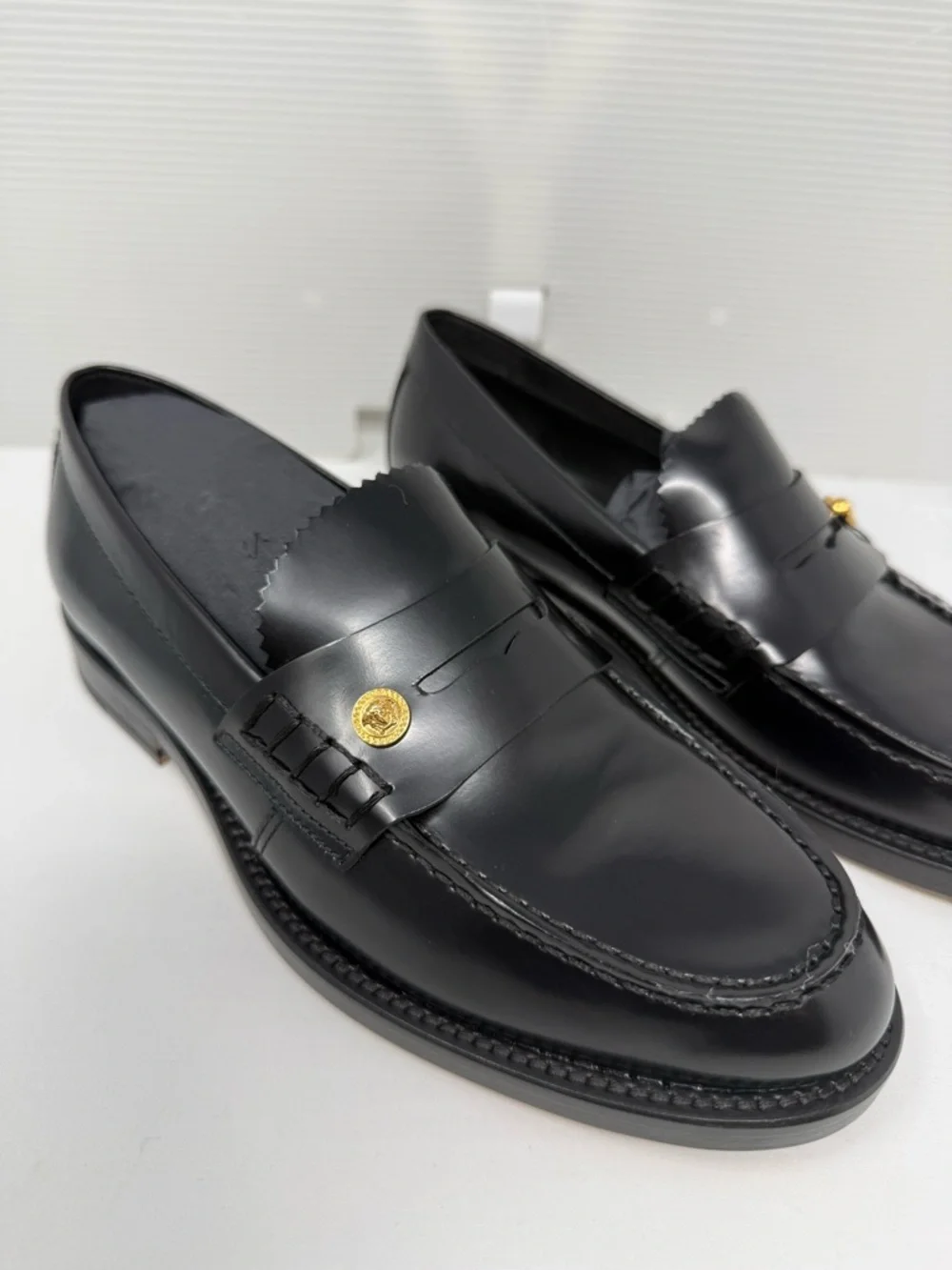 Versace Black Leather Penny Loafers with Gold Medallion - Picture 2 of 4